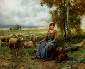 動物 Painting - 羊の群れを見守るデュプレ・ジュリアンの羊飼い